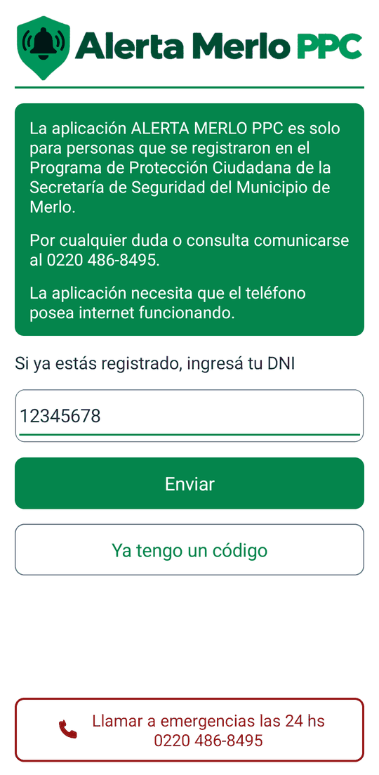 Pantalla de ingreso con el DNI 12345678 escrito y el botón Enviar en verde