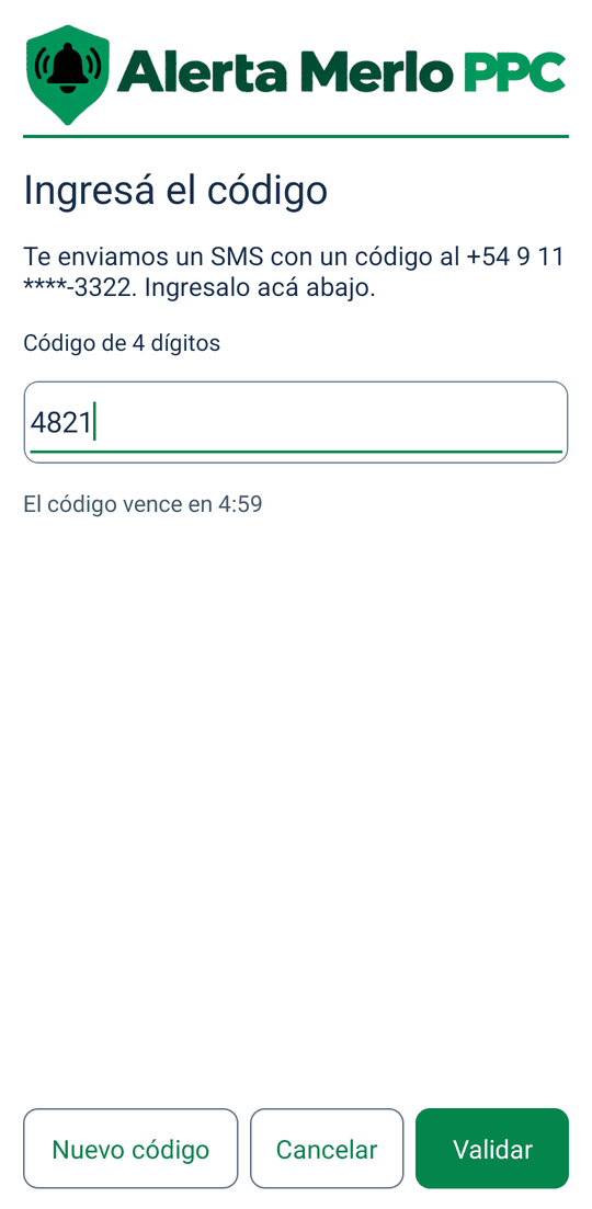 Pantalla Ingresá el código con el código 4821 escrito y el botón Validar en verde