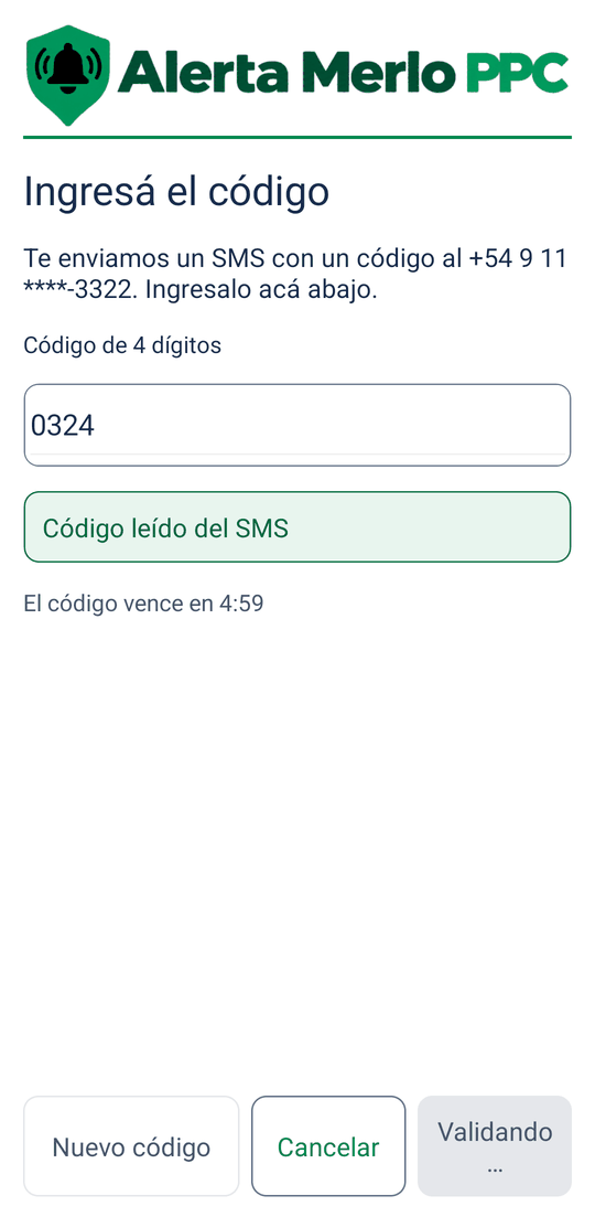 Pantalla del código con el aviso verde Código leído del SMS