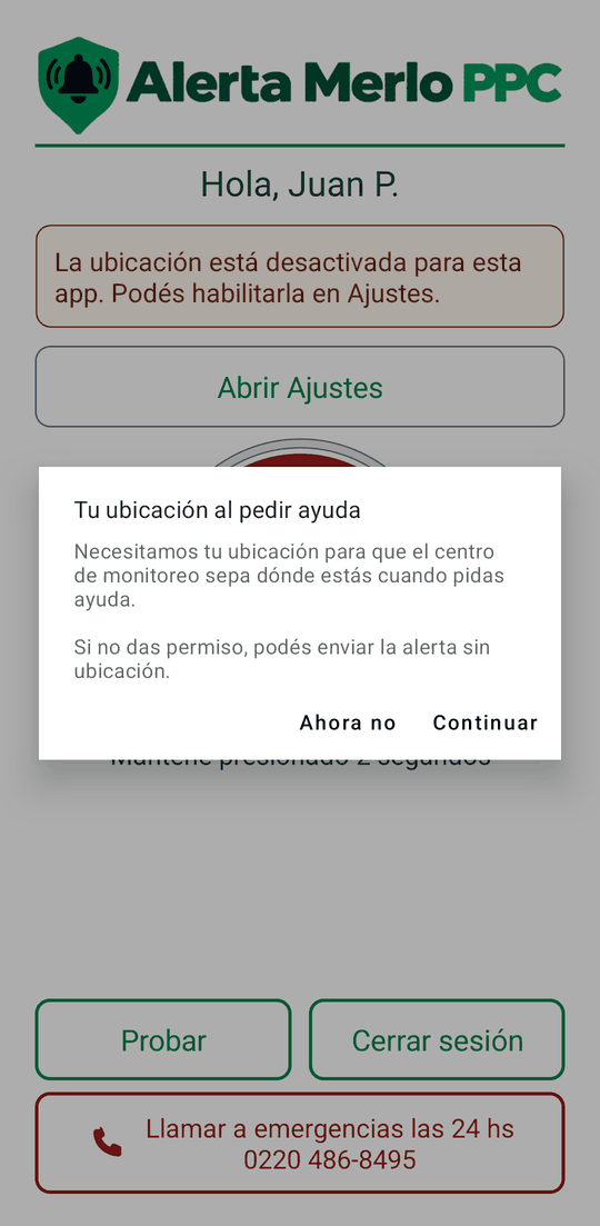 Cartel Tu ubicación al pedir ayuda con los botones Ahora no y Continuar
