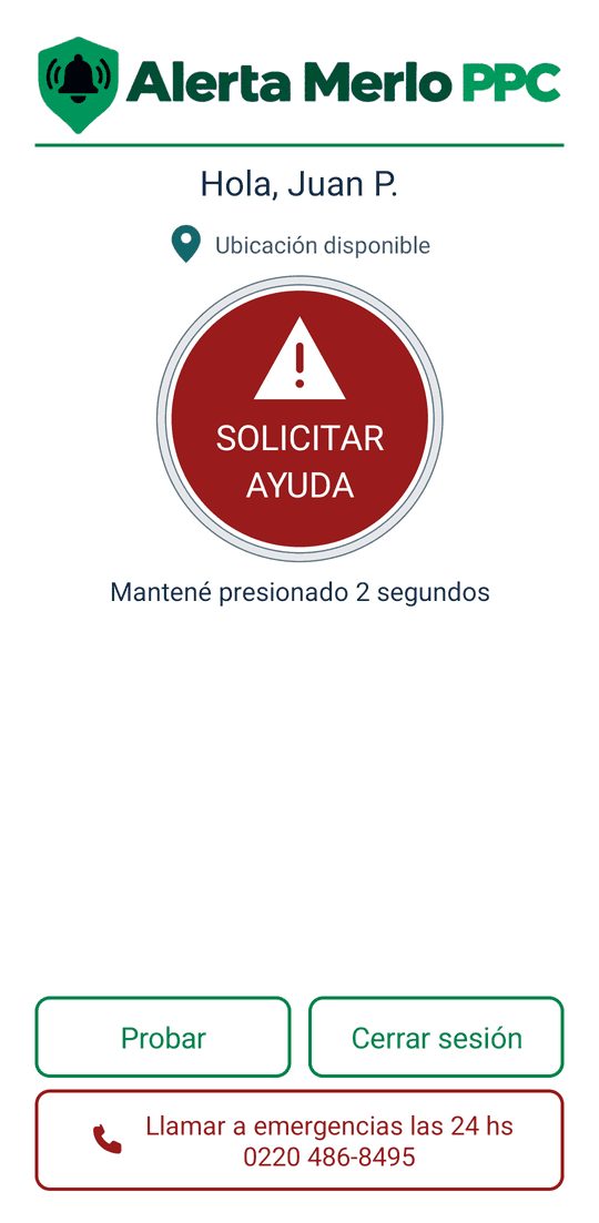 Pantalla principal con el saludo Hola Juan P., Ubicación disponible, el botón rojo SOLICITAR AYUDA y los botones Probar, Cerrar sesión y Llamar a emergencias