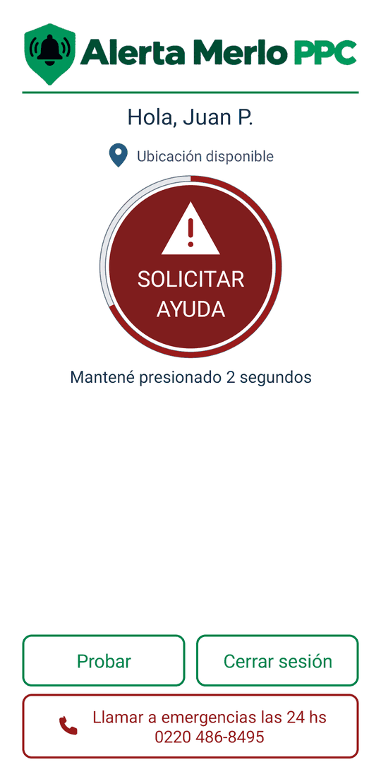 Botón SOLICITAR AYUDA presionado, con el anillo rojo completado en parte