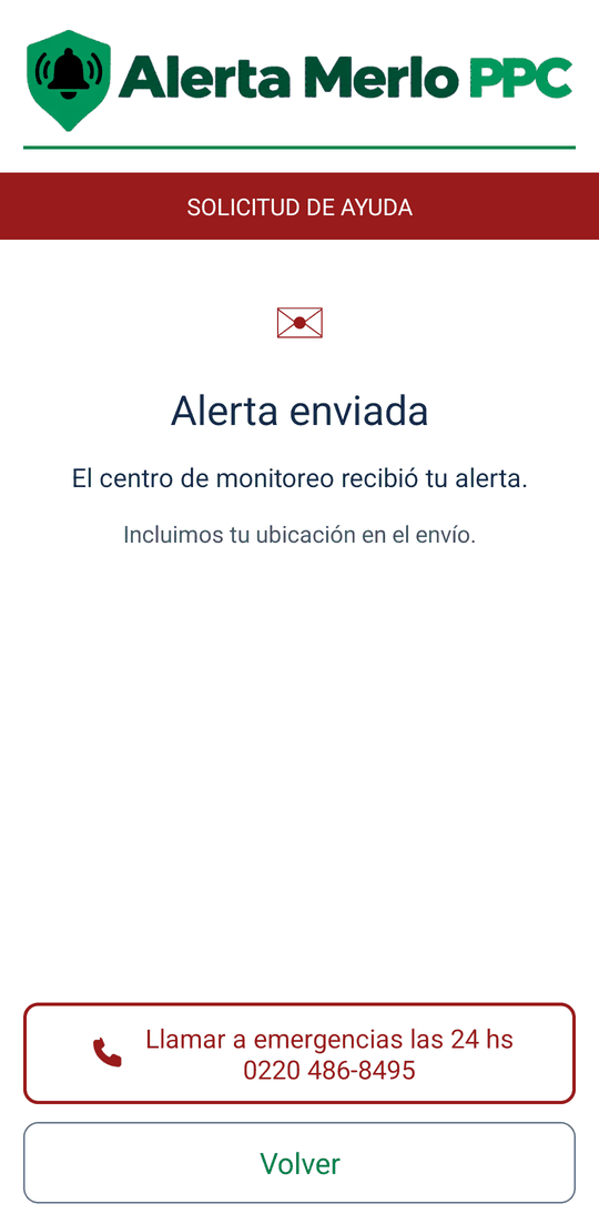 Pantalla Alerta enviada: El centro de monitoreo recibió tu alerta. Incluimos tu ubicación en el envío.