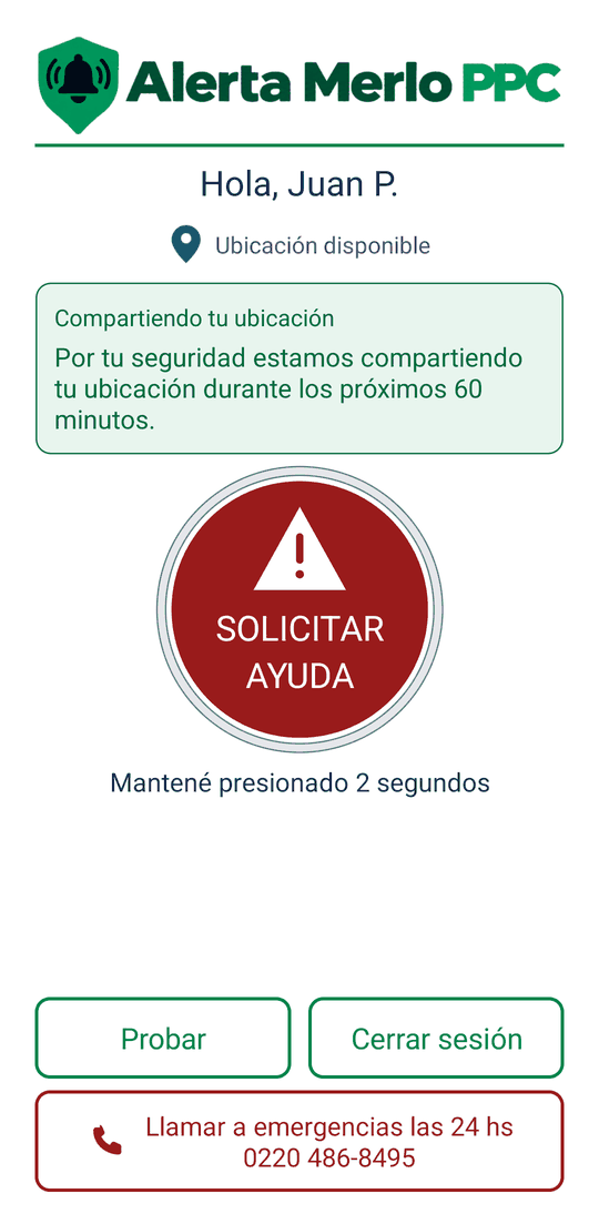 Pantalla principal con el recuadro verde Compartiendo tu ubicación durante los próximos 60 minutos