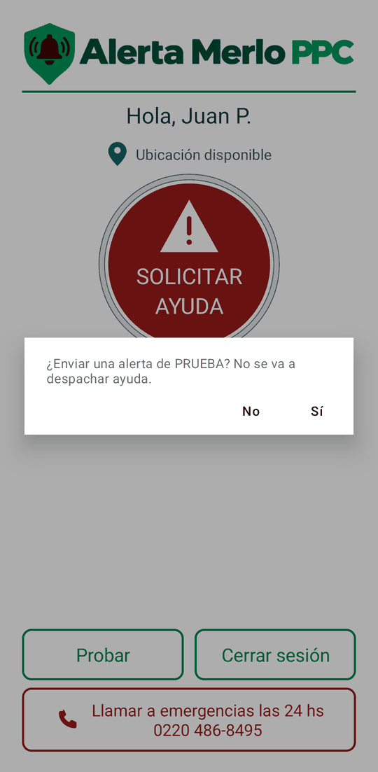 Cartel ¿Enviar una alerta de PRUEBA? No se va a despachar ayuda, con los botones No y Sí