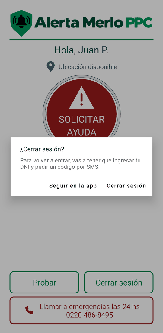 Cartel ¿Cerrar sesión? Para volver a entrar, vas a tener que ingresar tu DNI y pedir un código por SMS, con los botones Seguir en la app y Cerrar sesión