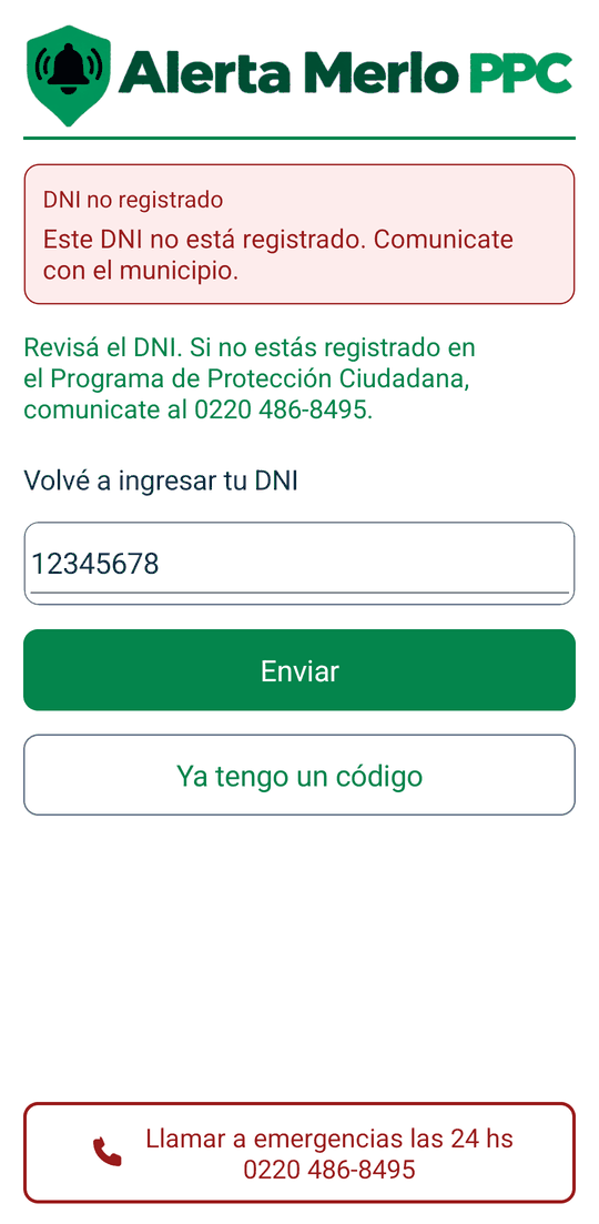 Aviso DNI no registrado. Este DNI no está registrado. Comunicate con el municipio.