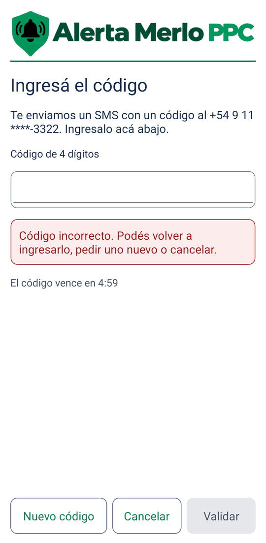 Aviso Código incorrecto. Podés volver a ingresarlo, pedir uno nuevo o cancelar.