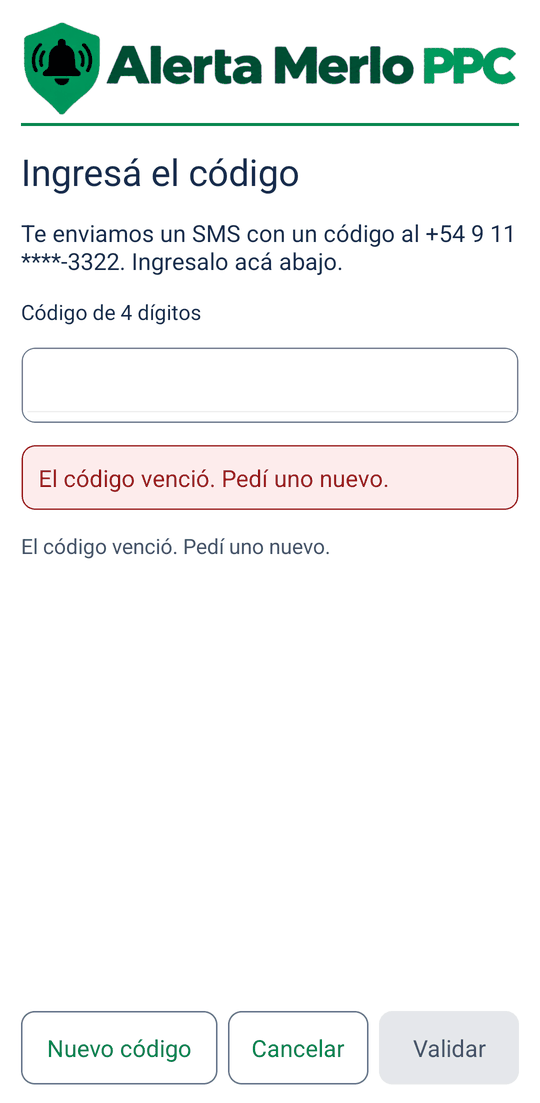 Aviso El código venció. Pedí uno nuevo.