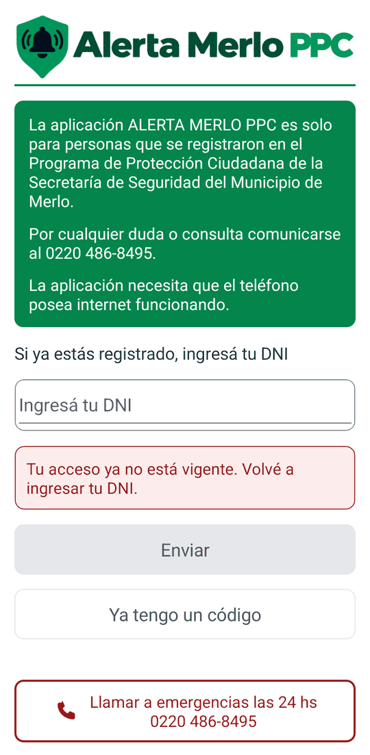 Pantalla de ingreso con el aviso Tu acceso ya no está vigente. Volvé a ingresar tu DNI.